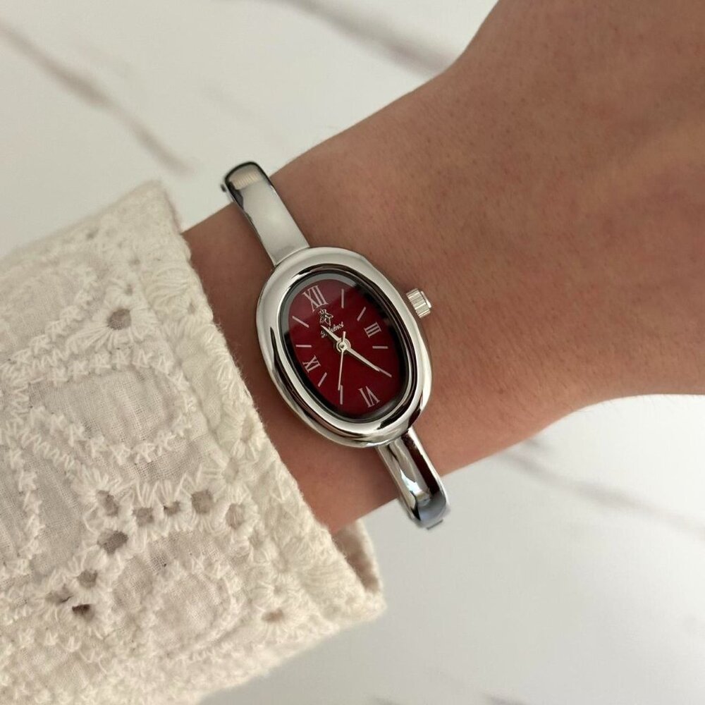 Sku:0405 Silver burgundy‎ red mini watch silver bracelet + gift box Vintage vibe